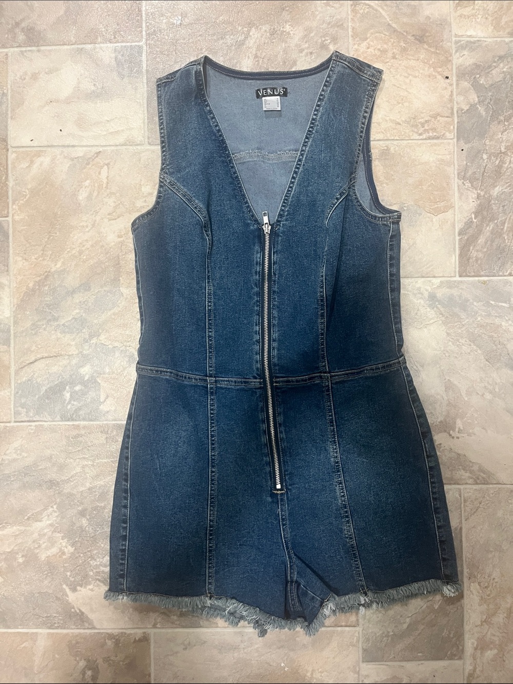 VENUS Indigo Denim Zip-Front Sleeveless Romper Dress